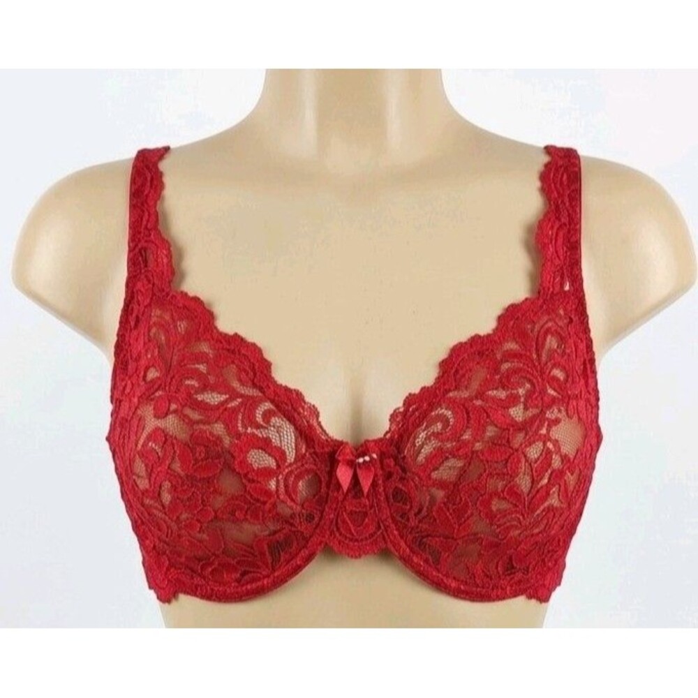 42D Secret Treasures Red Floral Lace Bra UW SHEER Bow full coverage Valentine